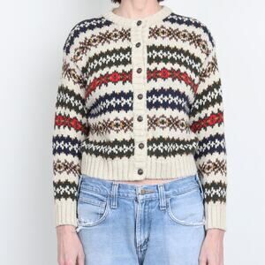Vintage 90s Ramie/Cotton Fair Isle Crop Cardigan Sweater S